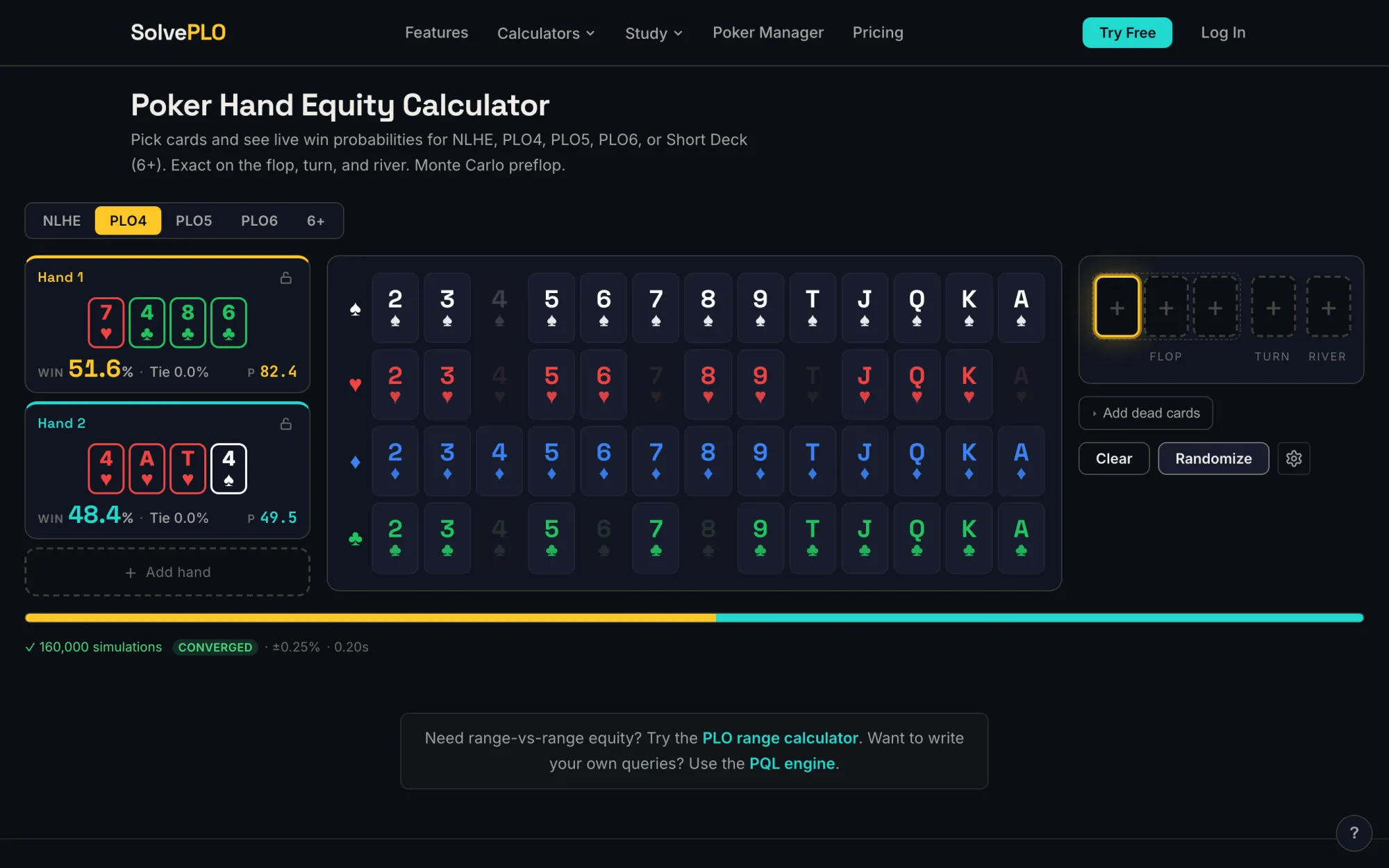 SolvePLO Hand Equity Calculator showing two PLO hands and their equities