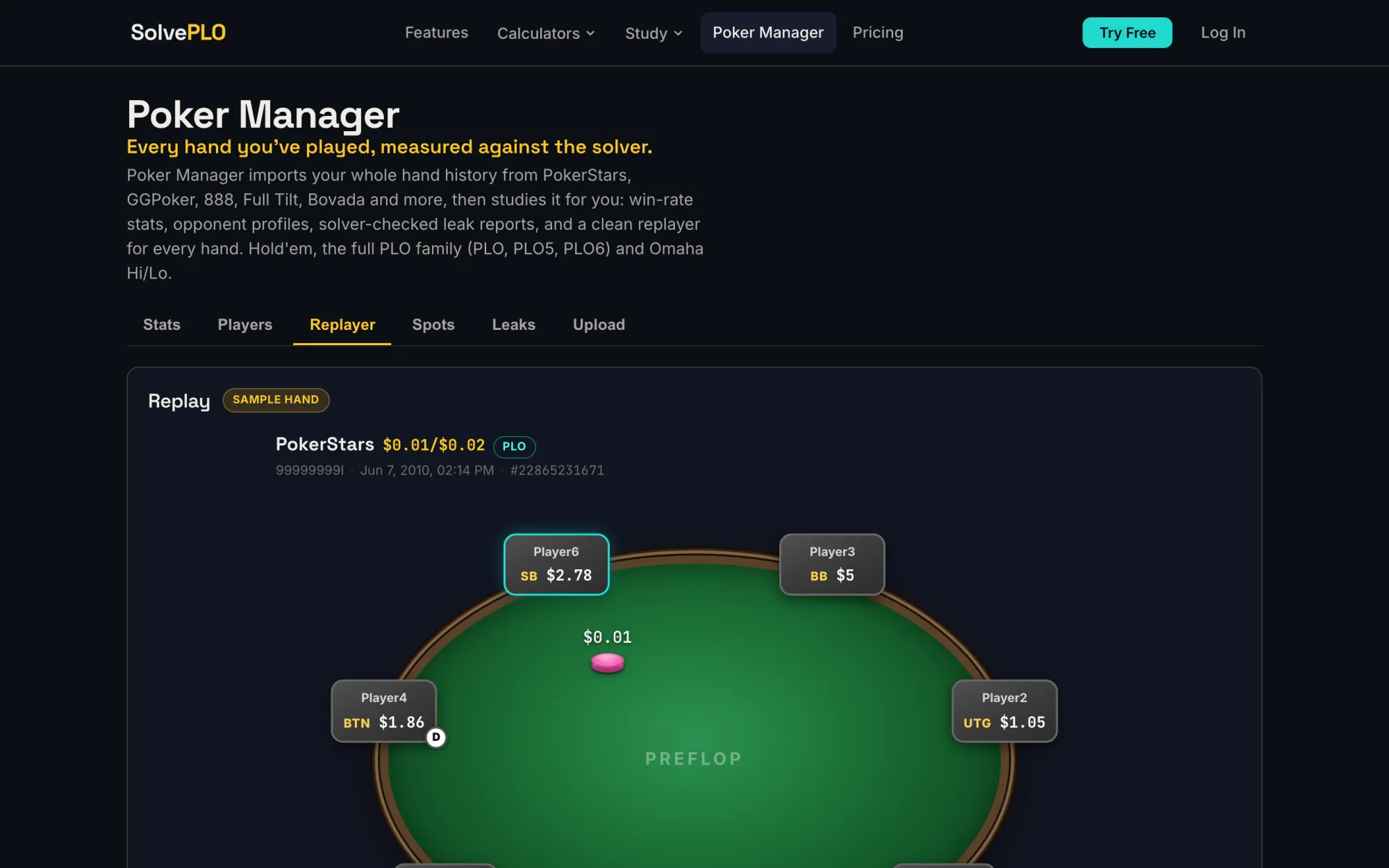 SolvePLO Hand Tracker hand replayer with a sample hand