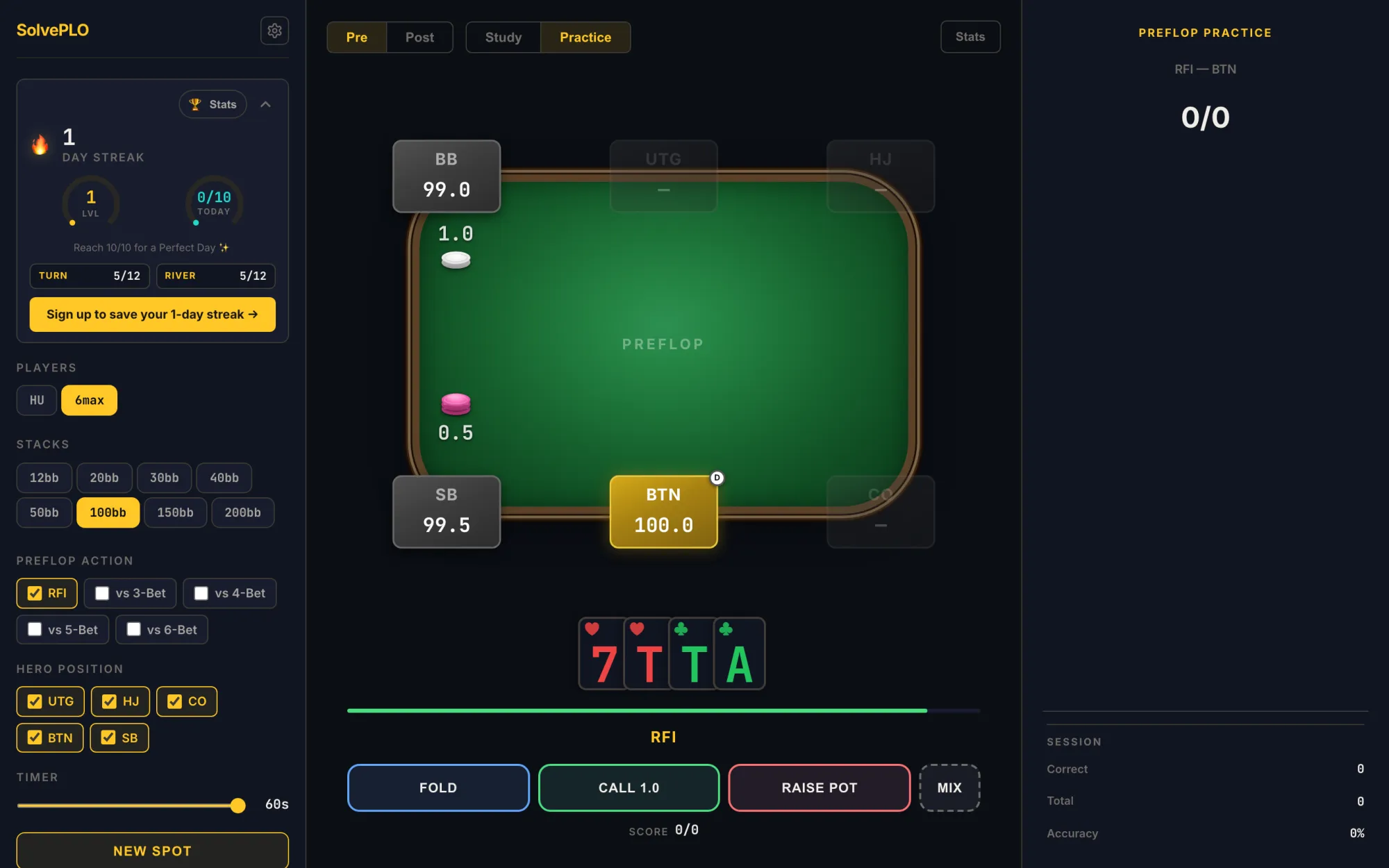 SolvePLO Preflop Practice quiz spot at the table