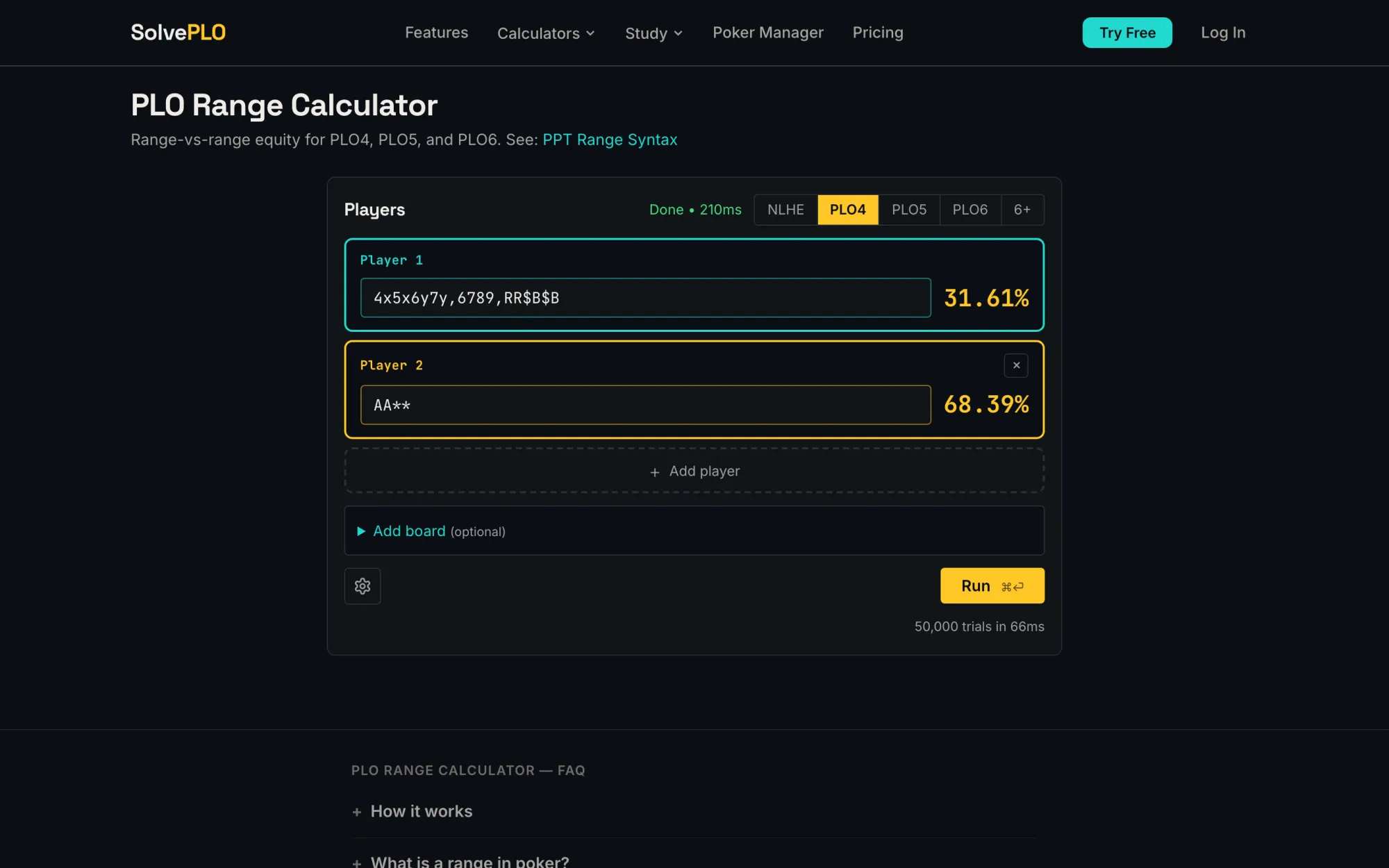 SolvePLO Range Equity Calculator showing range-vs-range results