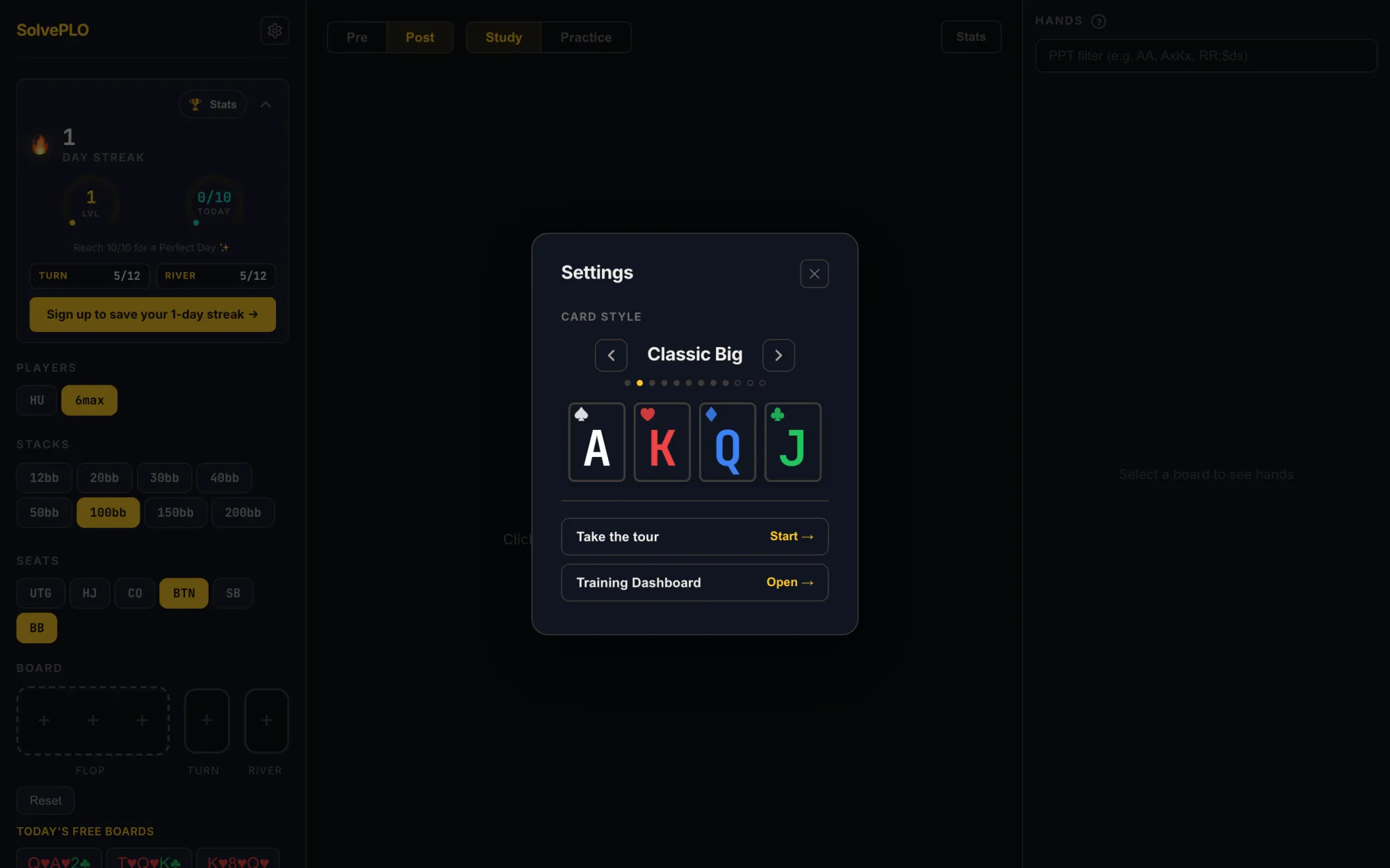 SolvePLO settings modal with the card-style picker