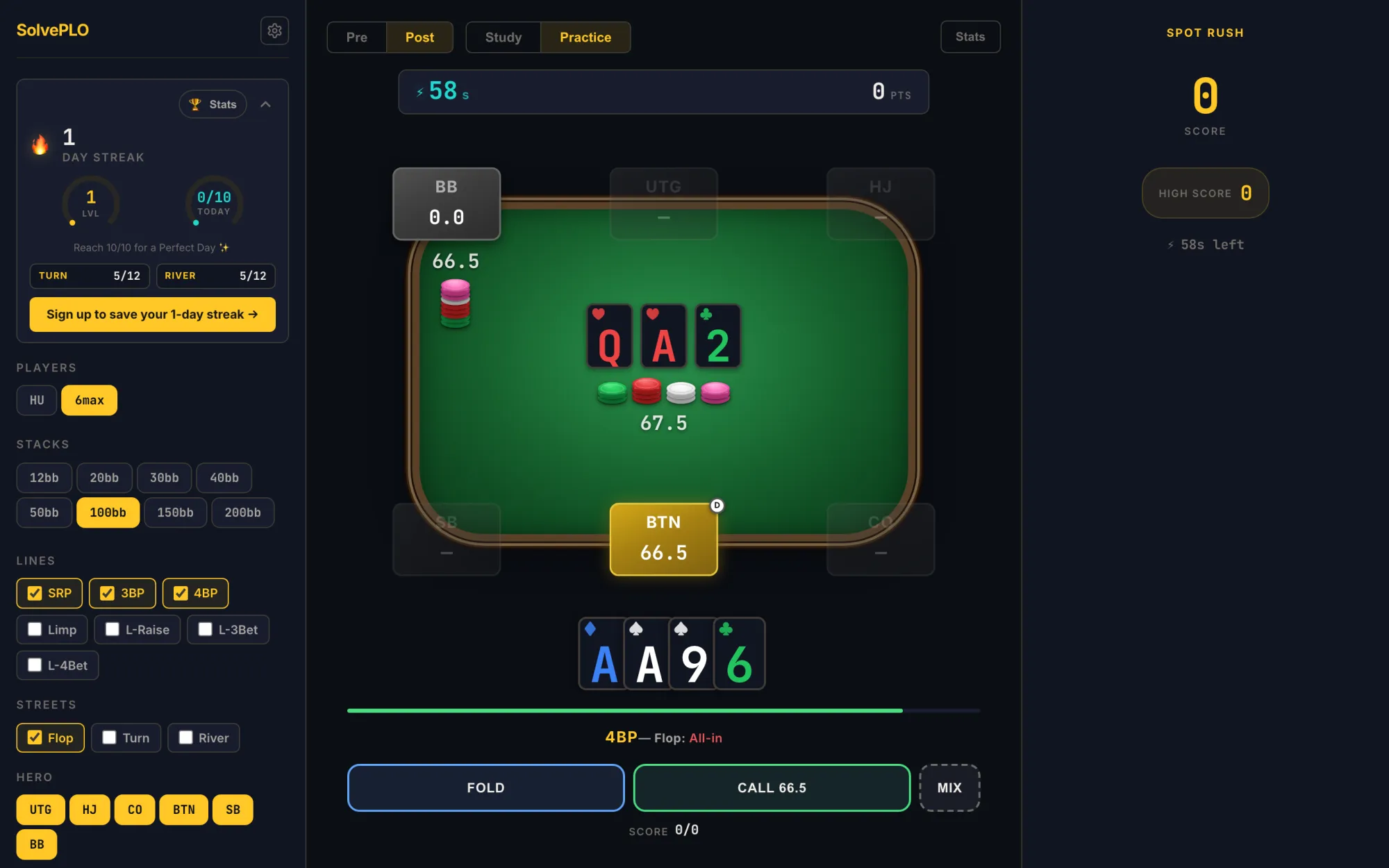 SolvePLO Spot Rush timed survival mode with the run clock